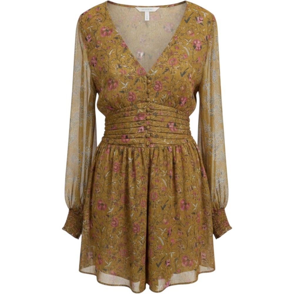 House of Harlow Mini Dress M Mustard Floral Smocked  V-Neck Romantic Whimsgoth